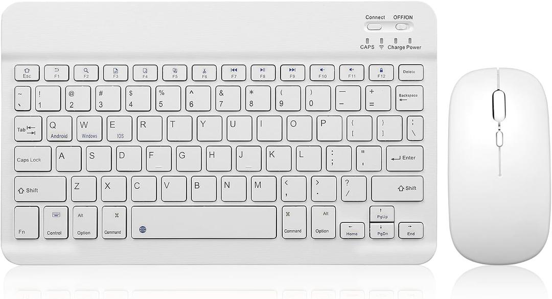 Bluetooth Keyboard and Mouse Combo Rechargeable Portable Wireless Keyboard Mouse Set for Apple iPad iPhone iOS 13 and Above Samsung Tablet Phone Smartphone Android Windows (10 inch White)