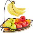 Fruit Holder for Kitchen Countertop with Banana Hanger, Vegetable Basket with Bamboo Base for Kitchen Corner Storage, Black (1 Tier)