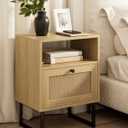 Masupu Extra Large Rattan Nightstand,Modern Boho Farmhouse Wood Bedside Table with Storage Drawer and Open Shelf, Black Frame Side End Table for Bedroom,Living Room,Office (Natural)