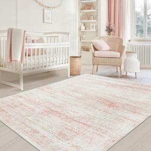 Washable Rugs 5x7 Area Rugs for Living Room,Bedroom,Dining Room- Ultra Soft Faux Wool Nursery Rug for Baby Girl,Neutral Light Pink Low Pile Vintage Carpets for Dorm Kids Playroom,Non Slip, Pink/White 