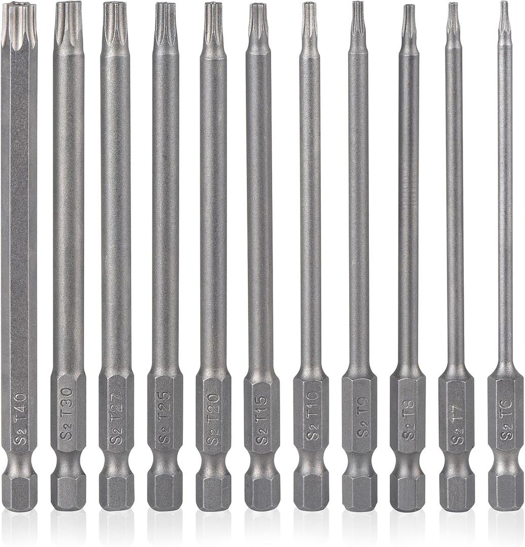 YDLQWCZ Torx Bit Set 11 Piece 4 Inch long Security Tamper Proof Star Bit Set S2 Steel 1/4" Hex Shank T6-T40 Magnetic Impact Driver Drill Bits