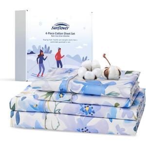 sunflower Extra Deep Pocket Queen Sheet Sets Fits 18"-24" in Deep Mattress -100% Cotton Queen Sheet Set, Blue Bloom Hotel Luxury Soft Breathable Sheet Sets for Queen Bed Deep Pocket