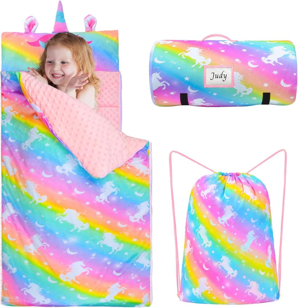 Nap Mat Unicorn Sleeping Bag with Reusable Pillow and Blanket Slumber Bag Daycare (Pink Rainbow Unicorn)