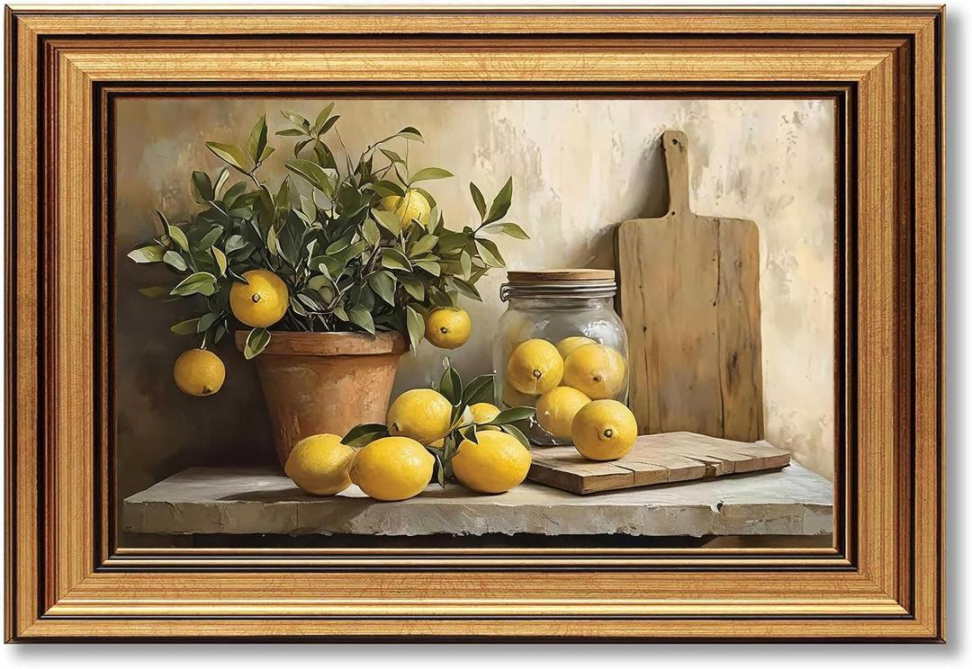 Vintage Gold Framed Canvas Wall Art, Country Kitchen Painting Picture Wall Decor, Lemon Kitchen Poster Print Artwork for Living Room Bedroom Kitchen Home Decoration 16x24in