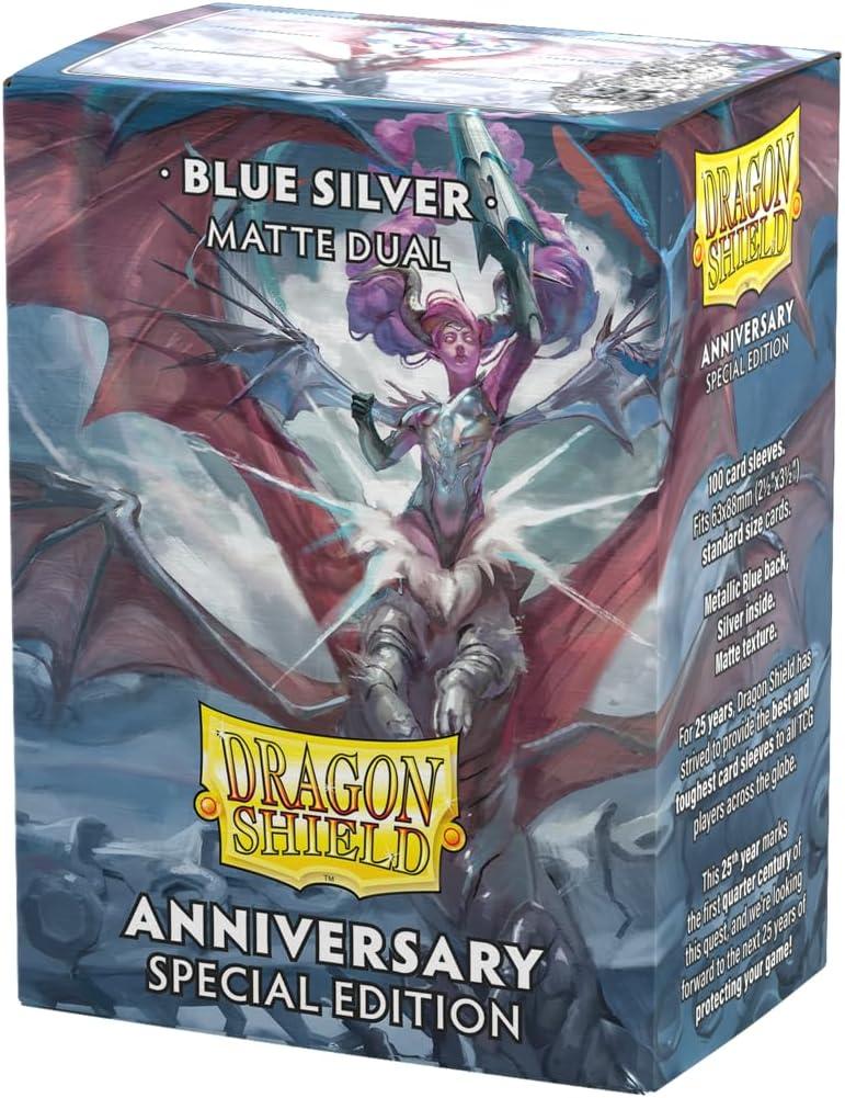 Dragon Shield | Matte Dual Standard Size Card Sleeves | 25th Special Edition | 100 - Smooth & Tough Premium TCG Sleeves - Compatible with Pokemon, One Piece & Magic The Gathering | Blue/Silver