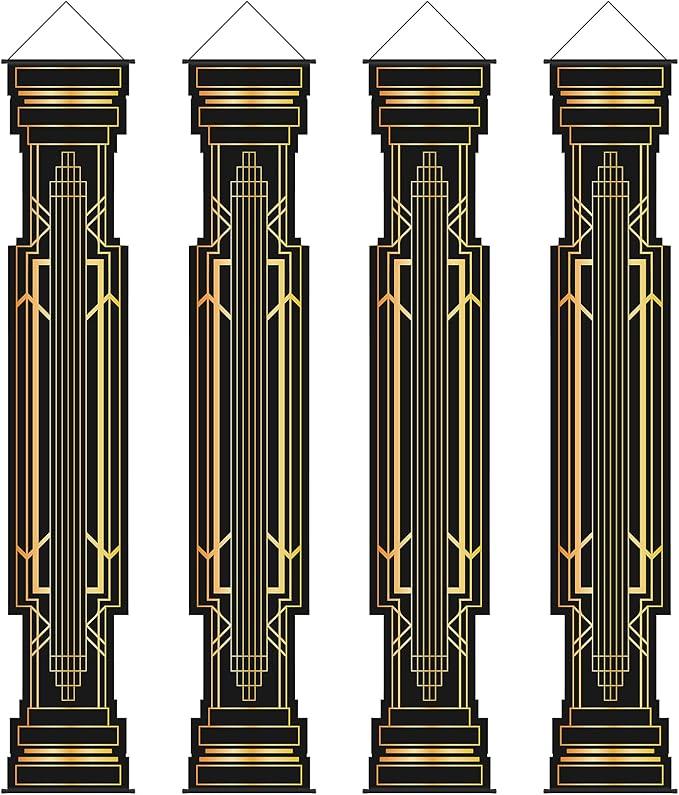 4 Pcs Roaring 20s Party Decorations Black and Gold Column Door Porch Banner 1920s Hanging Banner Speakeasy Awards Wedding Decorations Supplies