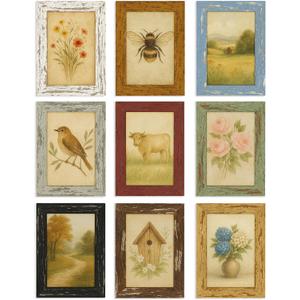 puthiac 4x6 Picture Frames Set of 9, Rustic Farmhouse Gallery Wall Decor with 9 Curated Distressed Finishes and 9 Vintage Art Prints, Wall or Tabletop Decor for Living Room, Bedroom
