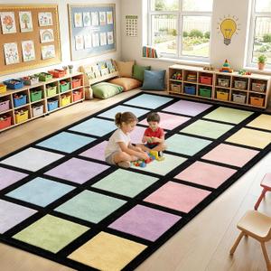 7.6x12 ft Large Pastel Color Squares Classroom Rug Colorful Educational Area Mat Happy Squares Rainbow Color Themed Play Carpet Back to School Learning Mat for Preschool Nursery Kindergarten(Pastel)