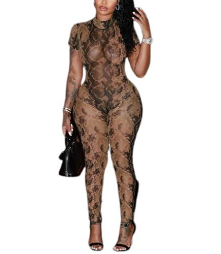 LXUAMR Sexy Jumpsuits for Women See Through Mesh Print Backless Bodycon Club Jumpsuit, Small