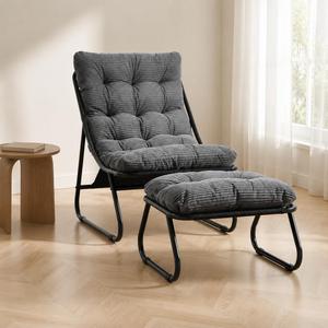 Corduroy Lazy Chair with Ottoman, Black Metal Sled Frame Reclining Reading Chair, Thick Padded Leisure Accent Sofa Chair for Living Room Bedroom Dorm Small Space, Grey