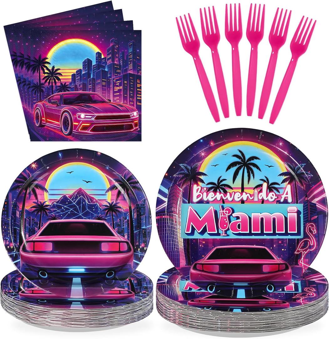 96 Pcs Bienvenido a Miami Party Decorations, Serves 24 | Retro Summer Disco Plates and Napkins Tropical Neon Tableware Set for Miami Birthday Summer Beach Disco Style Pool Party