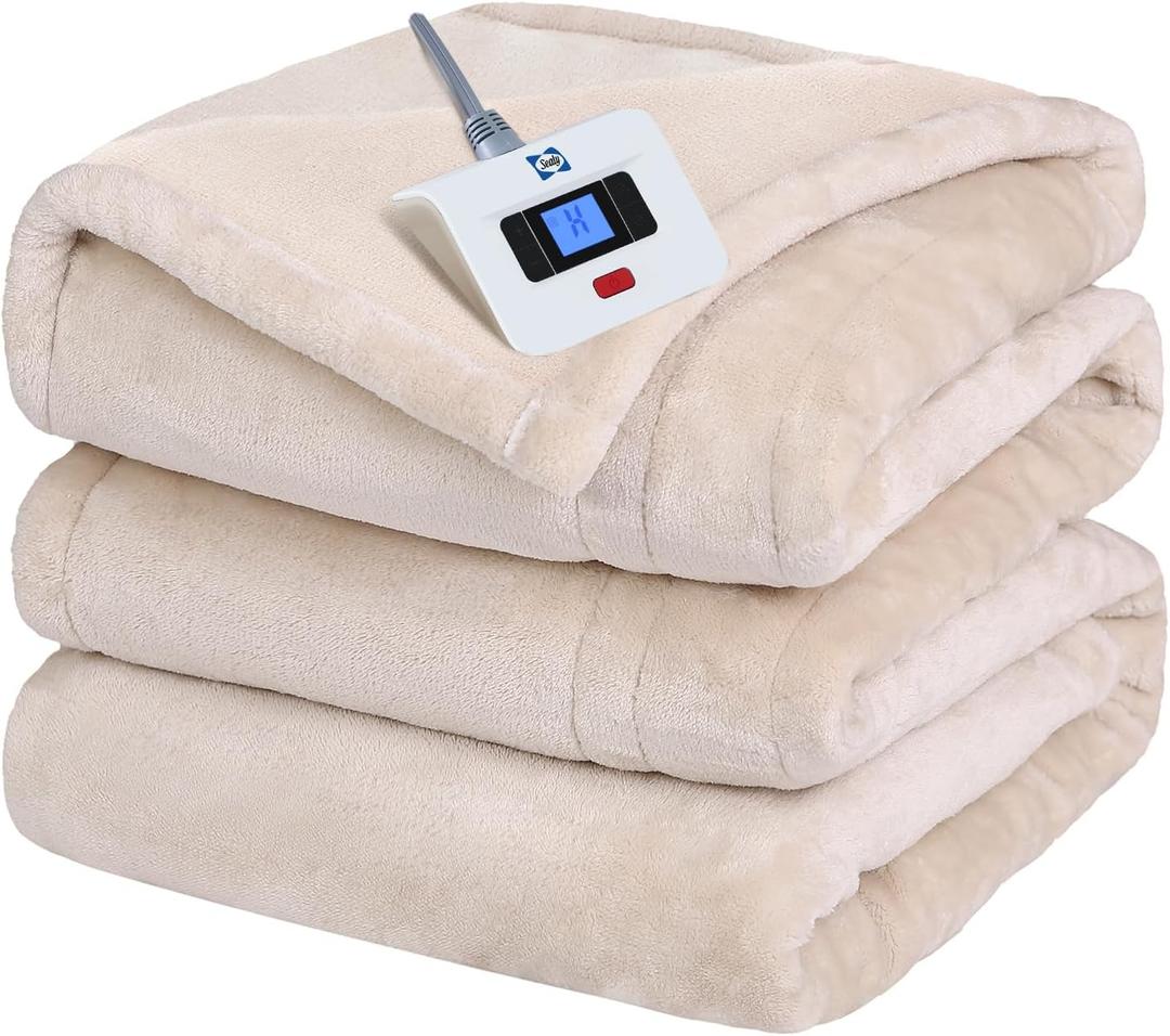 Sealy Electric Blanket Full Size, Flannel Heated Blanket with10 Heating Levels & Auto Shut Off, Machine Washable, Beige, 80 x 84 Inch