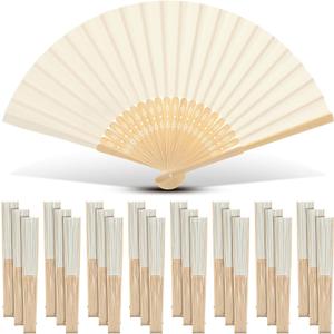 Yinkin 24 Pack Folding Fans Bamboo Handheld Folded Craft Hand Japanese Chinese Fans for Weddings Bridal Dancing Church DIY Decoration Women Gift Party Favors (Cream)