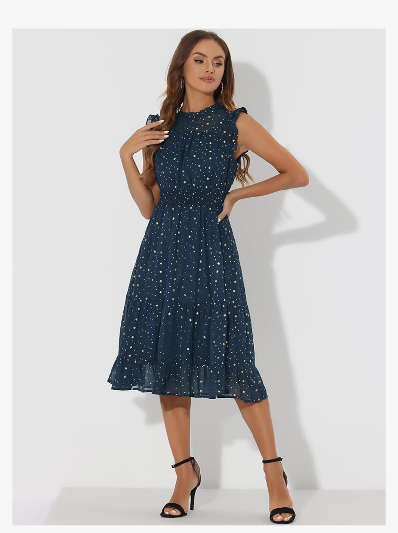 Allegra K Casual Chiffon Midi Dress for Women's Sleeveless Smocked Waist Gilding Metallic Stars Party Dresses Size M