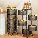 SAYZH Fruit Vegetable Basket for Kitchen, Rotating Storage Rack, 5 Tier Rolling Cart with top lid, Large Metal Wire Wheels, Black