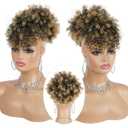 Afro Puff Drawstring Ponytail with Curly Hair Clip in Bangs Short Natural Hair Curly Ponytail Extension for Women (T27)