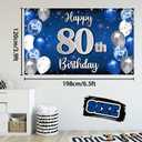 Happy 80th Birthday Decorations,80th Blue & Silver Balloon Large Birthday Banner Backdrop Sign,Cheers to Eighty Years Old Bday Party Supplies.