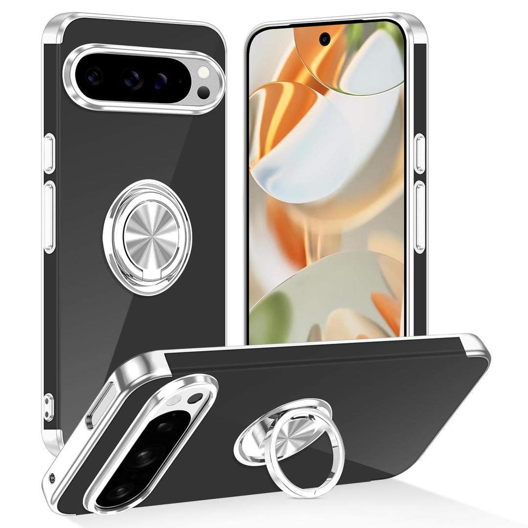 Tnarru Designed for Google Pixel 9/Pixel 9 Pro Clear Case with Stand [Magnetic Ring Holder Kickstand] Soft TPU Bumper Non-Yellowing Anti-Scratch Lightweight Slim for Google Pixel 9/9 Pro Case Silver
