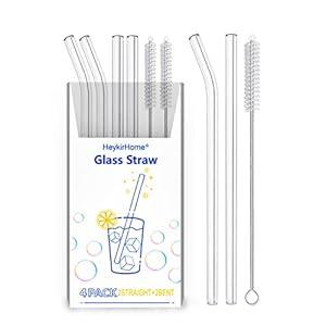HeykirHome 4-Pack Reusable Glass Straw, Size 8.5''x10 MM, Including 2 Straight and 2 Bent with 2 Cleaning Brush- Perfect For Smoothies, Tea, Juice