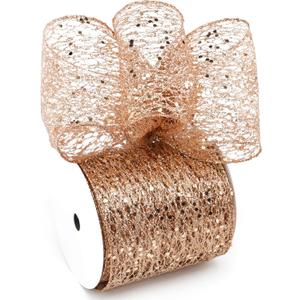 Rose Gold Glitter Mesh Wired Ribbon 4" X 10 Yards Webbed Rose Gold Sequin and Glitter Christmas Ribbon for Tree Decoration, Garlands and Swags, Home Decor, Craft Projects, Wreath Supplies