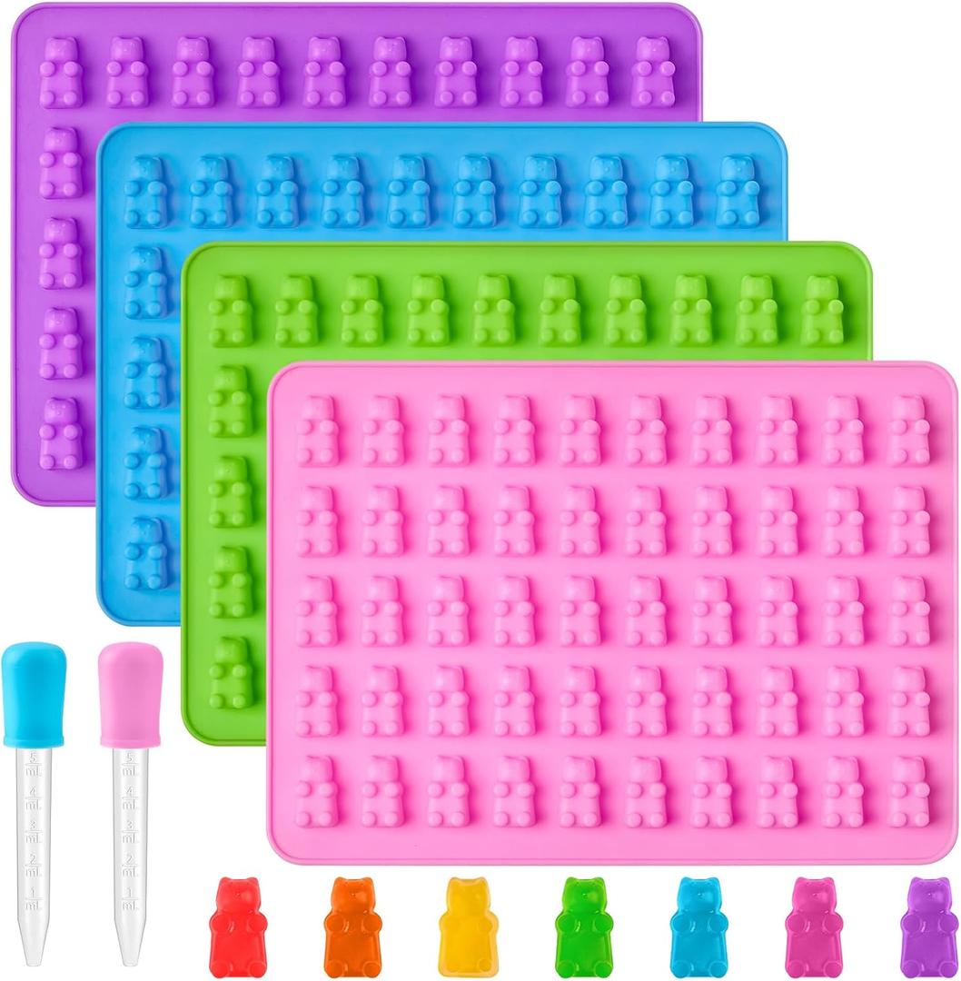4 PCS Gummy Bear Silicone Molds, 200 Cavity Non-stick Mini Sized Candy Molds with 2 Droppers for Small Gummies, Jello, Hard Candies, Fruit Snacks, Ice Cube