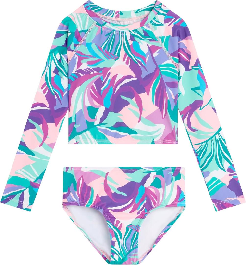 Kanu Surf Girls' Long Sleeve Rashguard UPF 50+ Two Piece Swim Set (2T, Riva Purple)