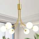 6-Light Sputnik Chandelier Modern Brushed Brass Dining Room Light Fixture Mid Century Gold Chandelier with Milk Glass Hanging Pendant for Kitchen Island Dining Room, Living Room, Bedroom, Foyer