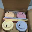 Elk and Friends Kids + Toddler Glass Cups | The Original 8oz Glass Mason Jar with Sleeves + Lids | Silicone Straws + Stopper | Smoothie Cup | Food Storage | Spill Resistant | Dishwasher Safe | 4 Pack (Blush/Lilac/Peach/Lemon)