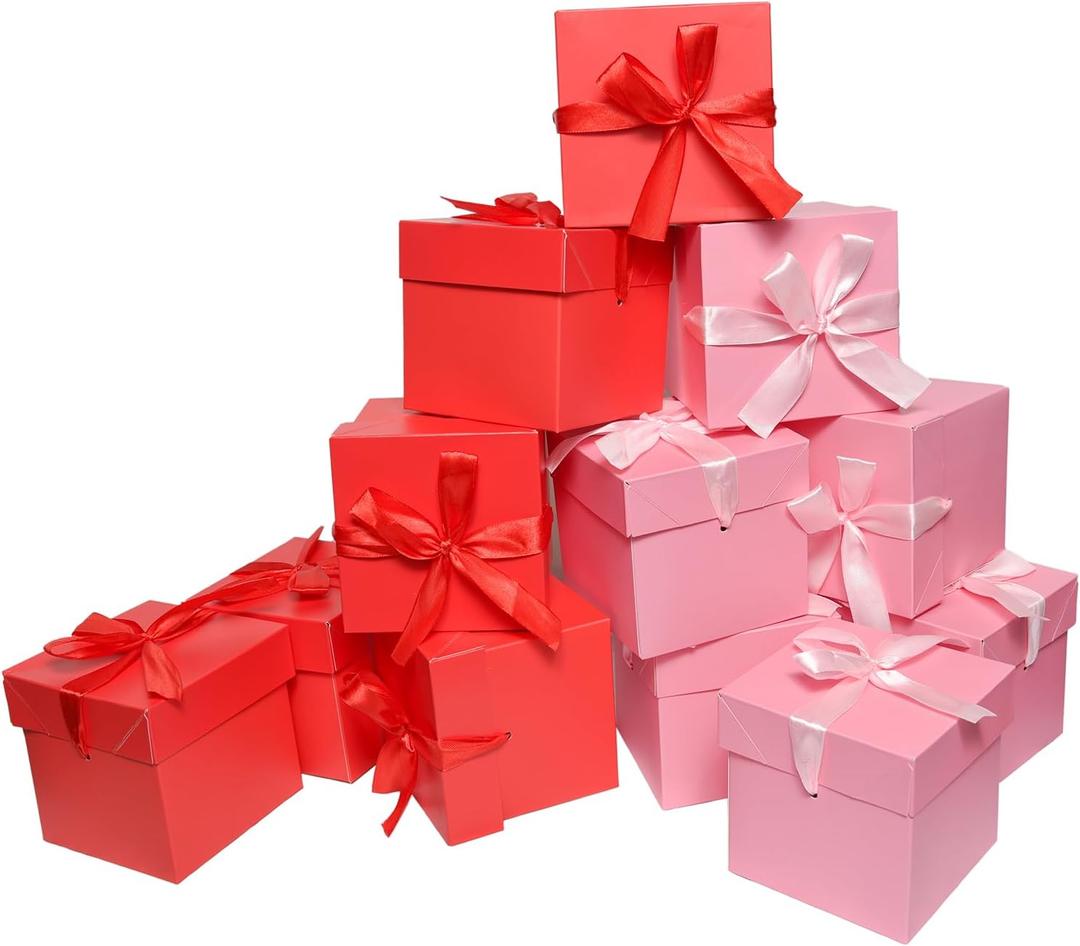 6 Pcs Pink & 6 Pcs Red Gift Boxes with Lids for Birthdays, Easter,Father's Day, Women's Day,Graduation and All Occasions, (12-Count, Finished Size 4'' x 4''x 4'')