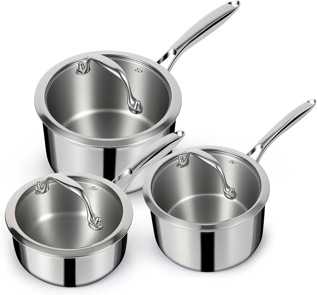 EWFEN 3 Ply Stainless Steel Sauce Pan Set with Lids, 1 & 2 & 3 Quart Multipurpose Cooking Pot, Stay-Cool Handle, Induction Oven Dishwasher Safe, 1QT & 2QT & 3QT