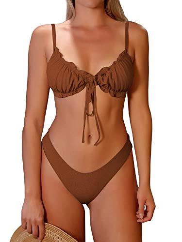 ZAFUL Women's Wrinkled Bikini Ruffles SolidTie Up Sexy Bikini Set Swimsuit Brown L