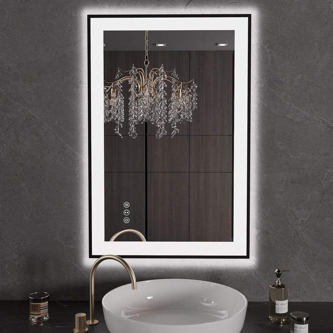 LOAAO 24"X36" LED Bathroom Mirror Black Framed, Anti-Fog, Dimmable, Lighted Bathroom Vanity Mirror for Wall, Memory Function, Tempered Glass
