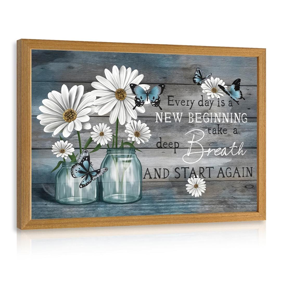 LLEEMPI White Daisy Vase Wall Art, Blue Butterfly Wall Decor, Inspirational Quote Canvas Painting, Rustic Farmhouse Poster Print for Bathroom Bedroom Hallway Dining Room Wood Framed 16x24 Inch