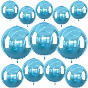 12Pcs Light Blue Round Foil Balloons, 22" 15" 10" 4D Helium Ball Balloon, Metallic Pearl Blue Foil Balloon for Birthday Graduation Wedding Anniversary New Year Eve Disco Prom Party Decorations