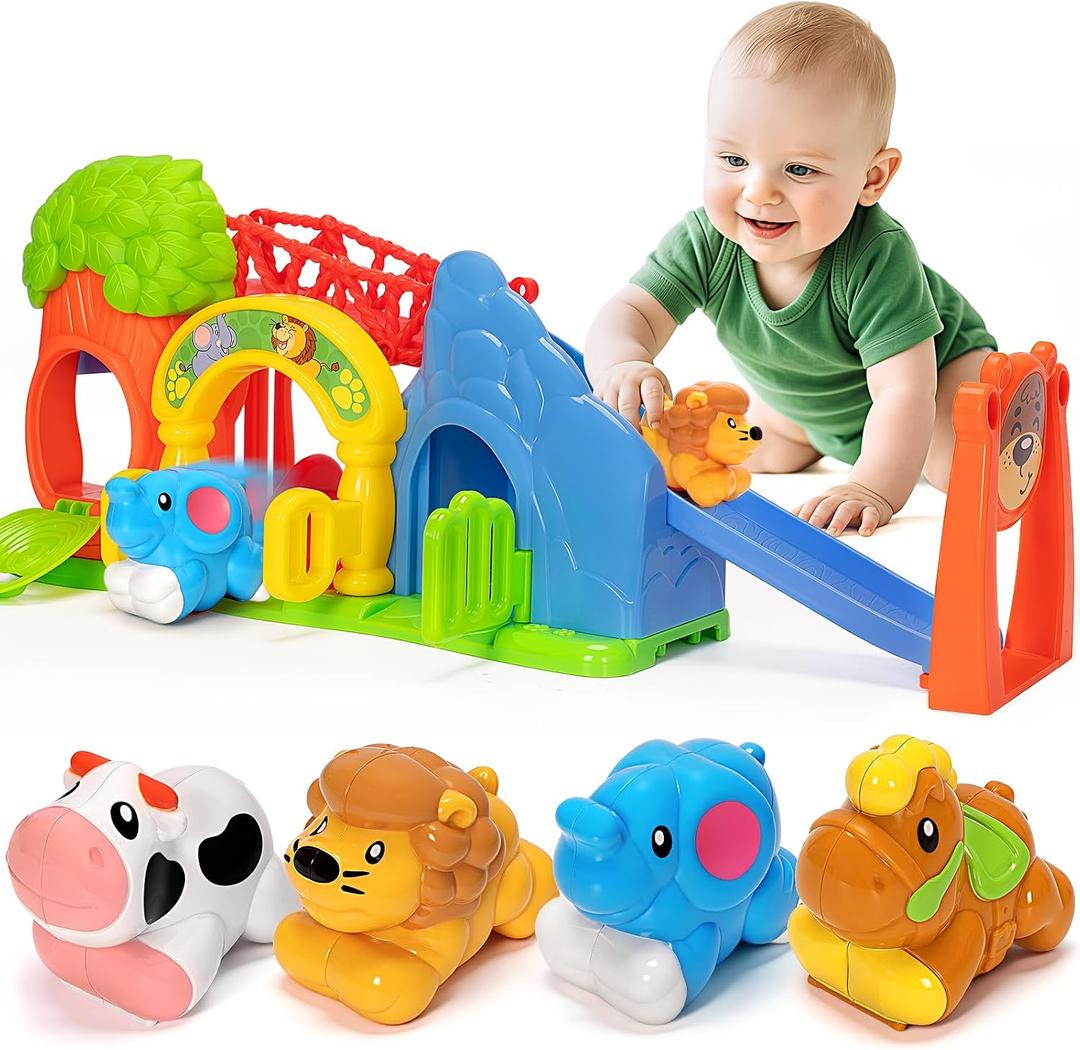 BAYSING Toys for Toddler 1, 2, 3 Year Old Boy and Girl, Zoo Animal Slide Playset with 4 Animal Cars, Open-Ended Interactive Toy for Cultivate Imagination, Gifts for 12-18+ Months Kids