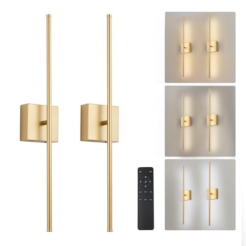 KARTOOSH 24.4 Inch Removable Battery Operated Wall Sconces Set of 2 with Remote Control, Stepless Colors 3000K-6000K & Dimming, 350°Rotate, LED Gold Wireless Wall Light for Living Room, Bedroom, Gold