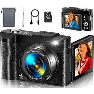 4K Digital Camera for Photography- 50MP Autofocus Vlogging Camera with 2.8" 180 Flip Screen, 16X Digital Zoom- Compact Point and Shoot Camera with 64GB SD for YouTube, Travel, Beginners
