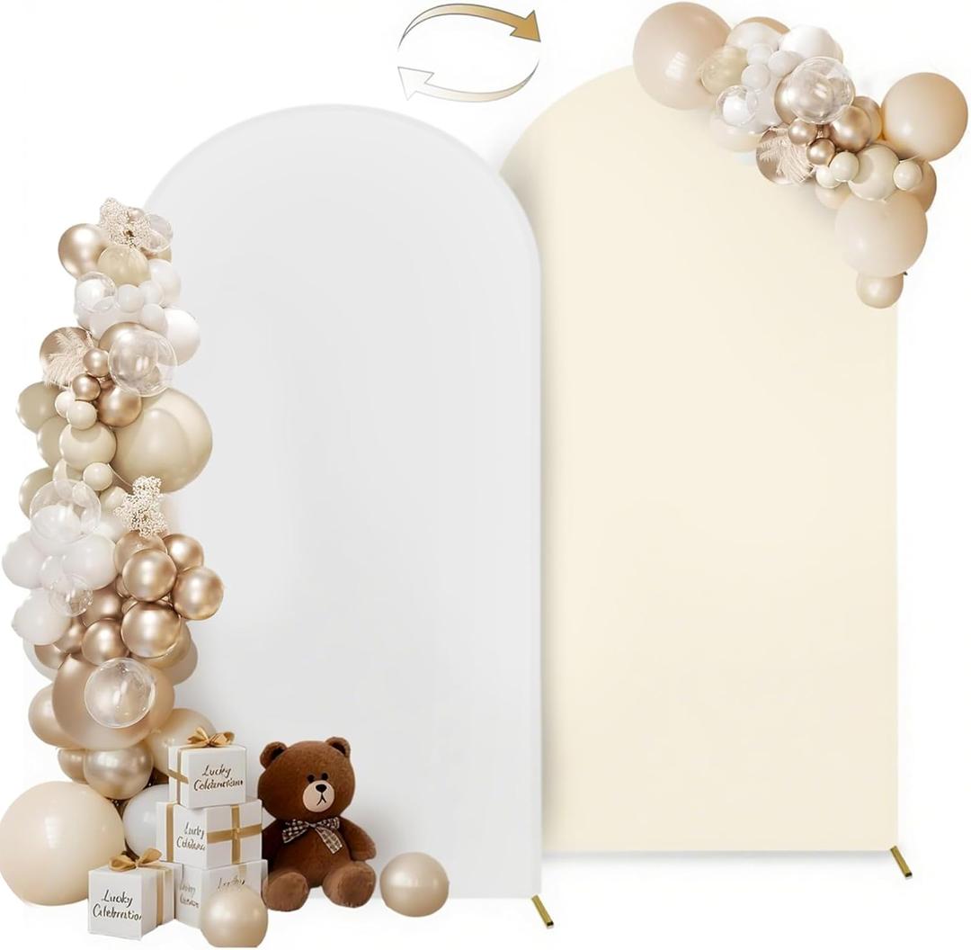 Hemmotop 7.2 ft Arch Backdrop Cover (One Piece Double Color), White and Beige Spandex Arch Stand Covers, Fabric Stretchy Background for Balloon Arches, Wedding, Birthday Party, Baby Shower