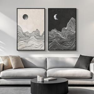 Large Framed Black and White Abstract Wall Art for Living Room, Set of 2 Modern Canvas Prints Paintings Artwork for Walls, Abstract Mountain and Moon Pictures for Bedroom Hallway Wall Decor 24x36 In, 24" W X 36" H X 2pcs