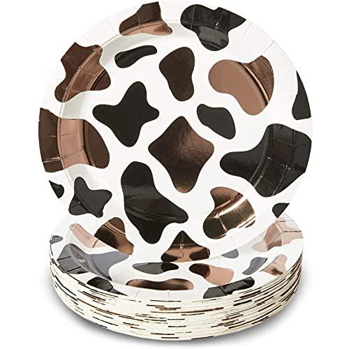 BLUE PANDA 48 Pack Cow Print Paper Plates (9 Inch) for Barnyard Birthday, Farm Animal Party - Cow Baby Shower Supplies (Brown Foil Print)