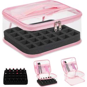 Beloving Clear Nail Polish Organizer Holds 30 Bottles PVC Nail Polish Case See-Through Nail Supplies with Manicure Tools Storage Sections, Portable Travel Nail Tech Carrying Bag for Storage Display (1 Count (Pack of 1), 1.Pink)