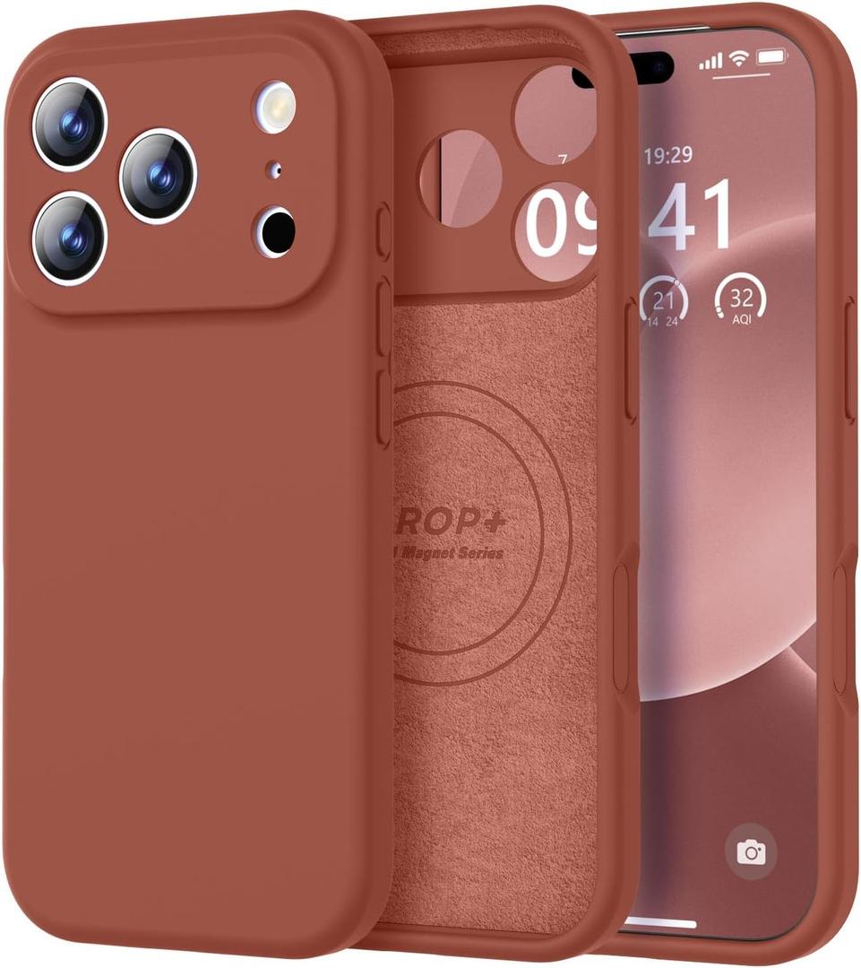 Vooii Magnetic for iPhone 17 Pro Case, Compatible with Magsafe (Premium Liquid Silicone) (Integrated Camera Control Button) Full Body Protective Anti-Scratch Microfiber Lining 6.3", Caramel