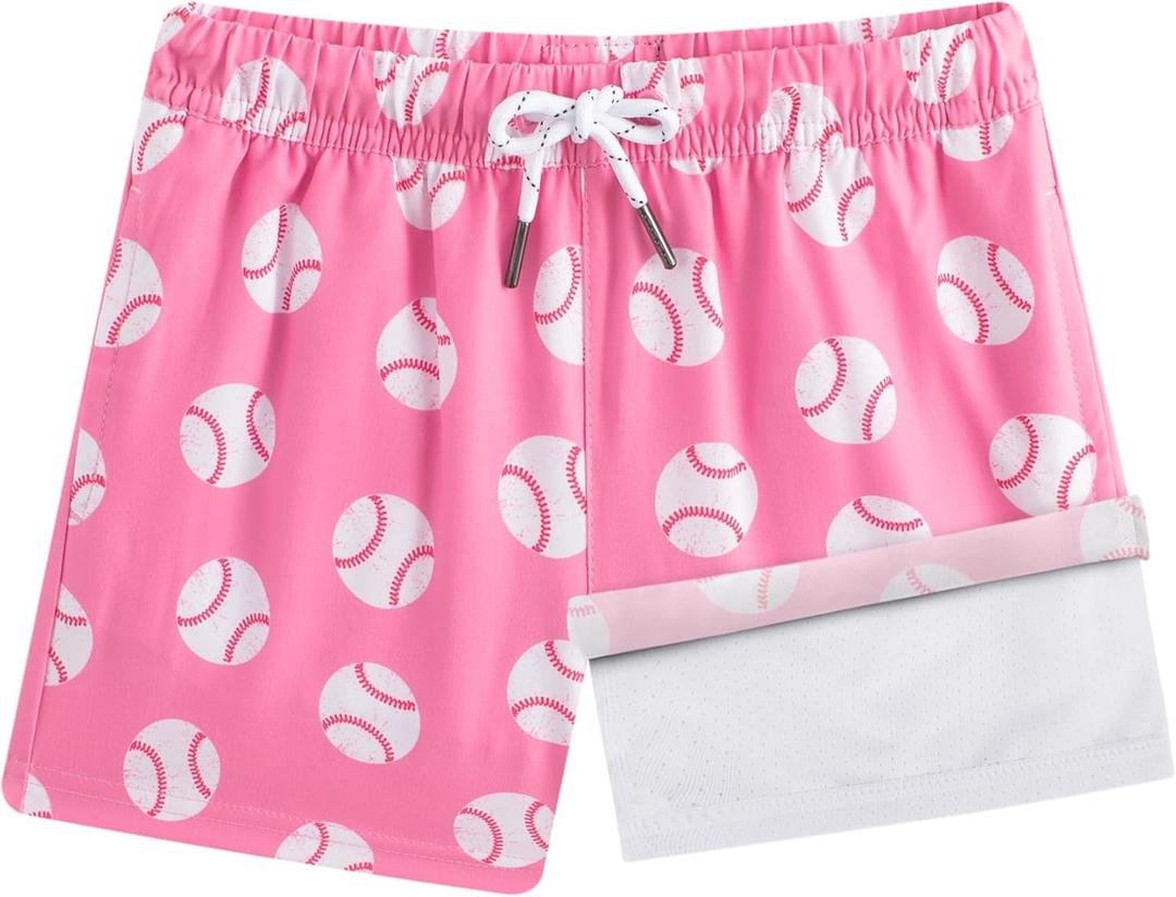 BRISIRA Boys Swim Trunks Bathing Suit Compression Boxer Brief Liner Anti-Chafe Swimsuit Swim Shorts Toddler Kids Youth Teen (10-12 Years, Pink Whitebaseball)
