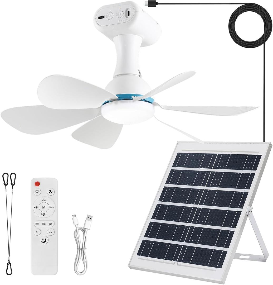 Solar Ceiling Fan Light with Remote, 30000mAh Portable solar lights outdoor with 20W Solar Powered Fan, 3 Speeds, solar fans with Light for Patios, Canopy, Shed, RV, Porch and Chicken Coop