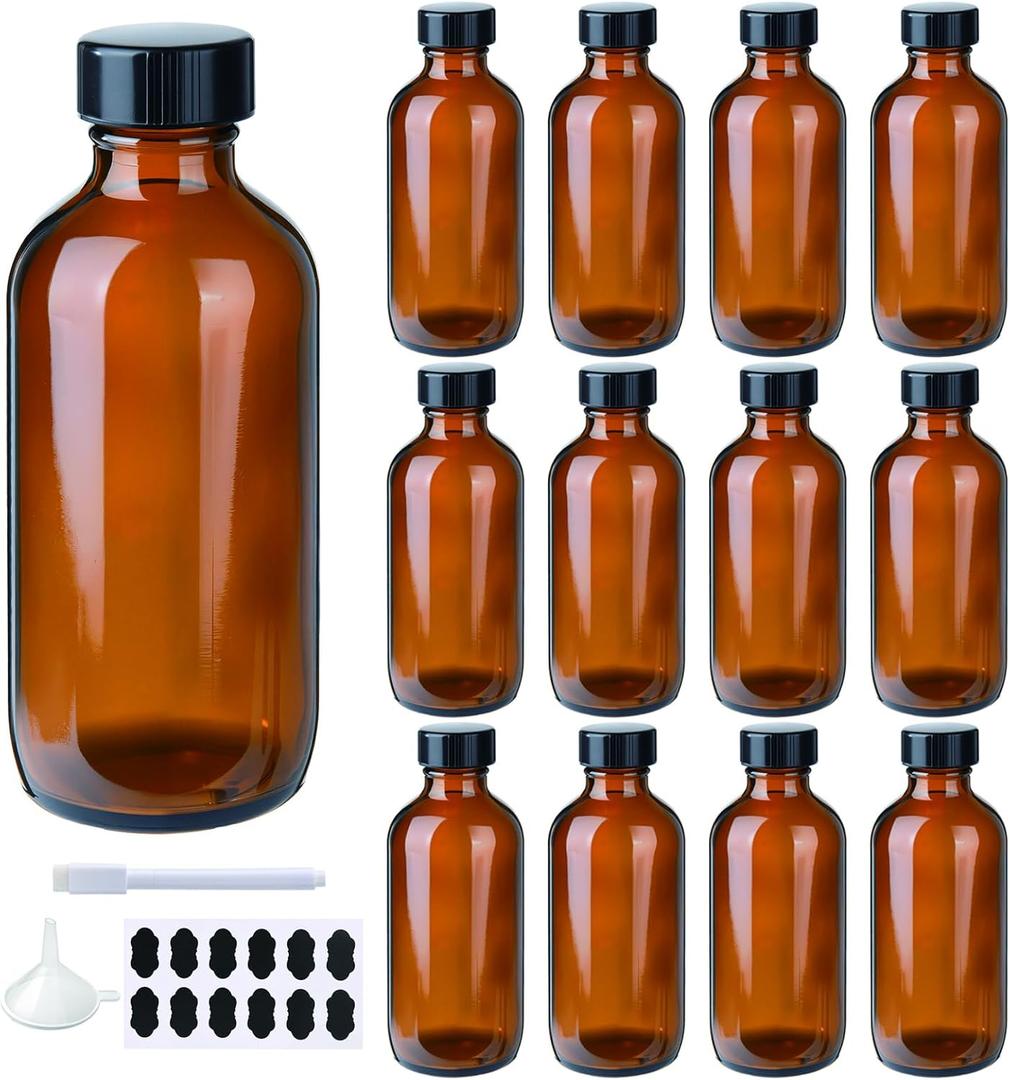 12 Pack 4oz Glass Boston Round Bottles, Amber Glass Bottles with Black Lids, Leak Proof, Handy Storage for Homemade Essential Oils, Vanilla Extract