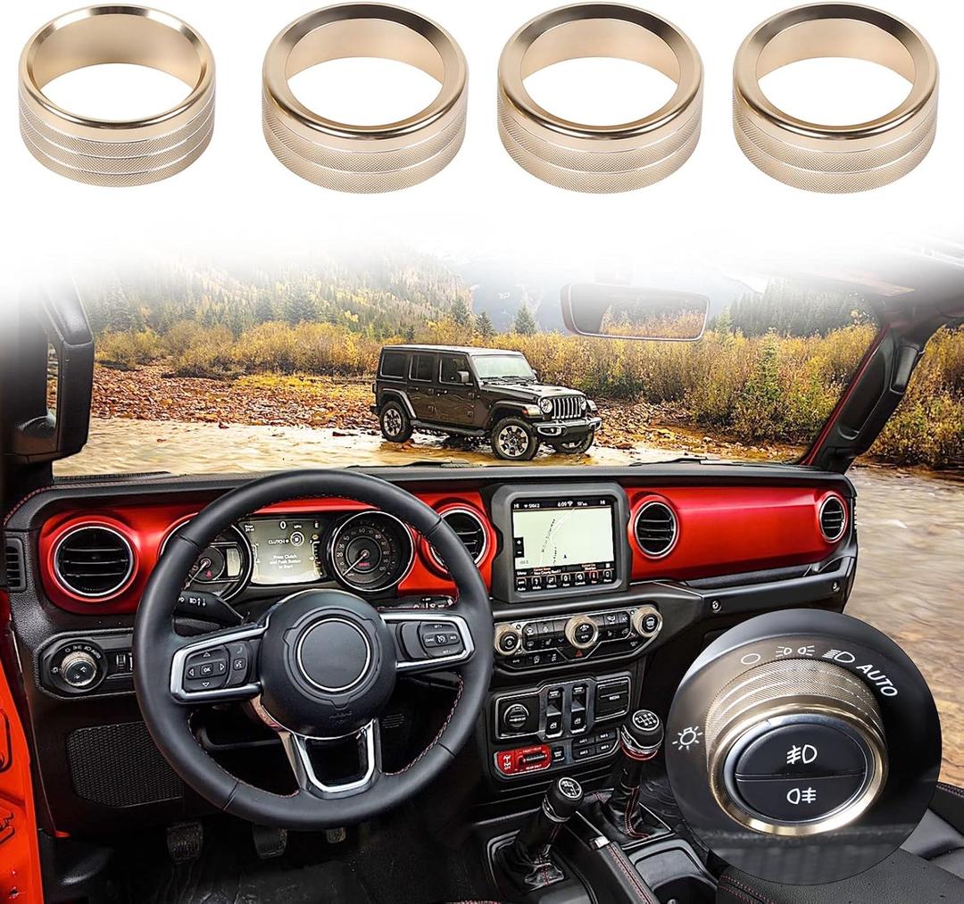 Voodonala Air Conditioner Headlight Center Consoles Switch Knob Cover Trim for 2018-2026+ Jeep Wrangler JL JLU Gladiator JT 4xe Interior Accessories Gold Aluminum Alloy 4pcs (Regular Style)