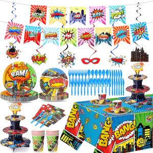 97 Pcs Hero Party Supplies for 12 Guests Include Hero Plates and Napkins Paper Cups Cupcake Stand Tablecloth Banners Cutlery Party Decorative Tableware Set for Birthday Baby Shower Decorations