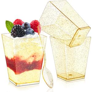 Qeirudu 5 oz Gold Glitter Mini Dessert Cups with Spoons - 50 Pack Plastic Parfait Cups Square Dessert Shooter Cups for Party Serving Pudding Cheesecake Mousse Jello