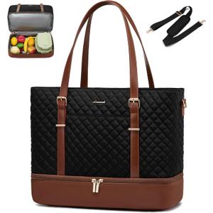 LOVEVOOK Lunch Tote Bag for Women, 15.6 Inch Laptop Work Bag With Lunch Compartment & Large Cup Holder, Lightweight Work Briefcase for Travel, Bussiness, Teacher (Brown-black)
