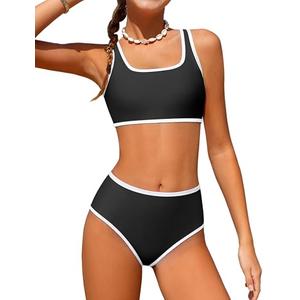 NECIOUS Girls Swimsuit Size 12-14 Girls Bathing Suit Adjustable Strap Black High Waist Cute Sporty Bikini Teen Swimsuit Swim 2 Piece Swimwear 13-14